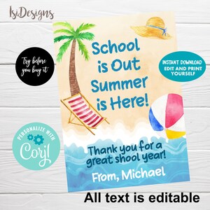 Editable School&#39;s Out! Summer Is Here Favor Tags, Last day of School Teacher Appreciation, Instant Download School Gift Tag