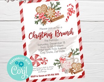 Op de afbeelding: Kerstbrunch uitnodiging met aquarel illustraties van peperkoek, zuurstokken en een mok warme chocolademelk. De uitnodiging heeft een rood-wit gestreepte rand en bewerkbare tekst.