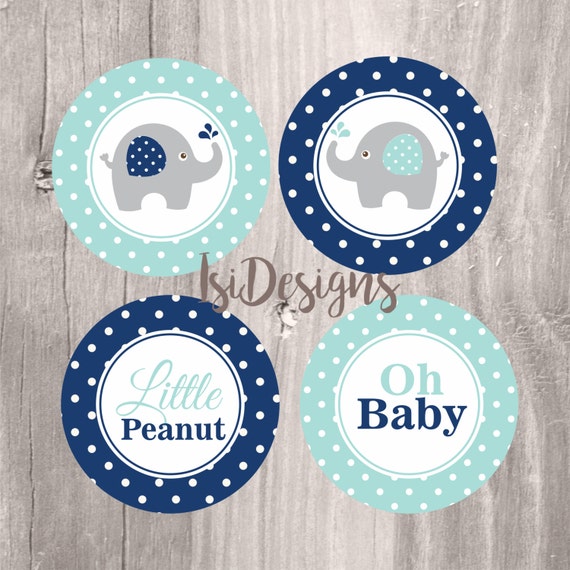 Elephant Favor Tags, Baby Shower Navy Blue and Teal Favor Tags, Baby Shower Boy Elephant Tags, Instant Download, Elephant Cupcake Toppers Il_570xn