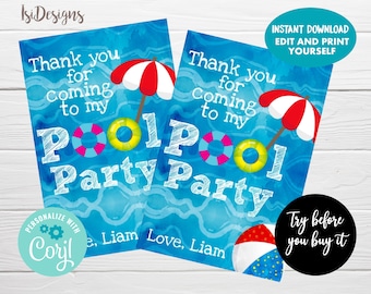 May include: Two blue and white pool party thank you cards with a beach theme. The cards feature a pool float, an umbrella, and a beach ball. The text on the cards reads "Thank you for coming to my Pool Party".