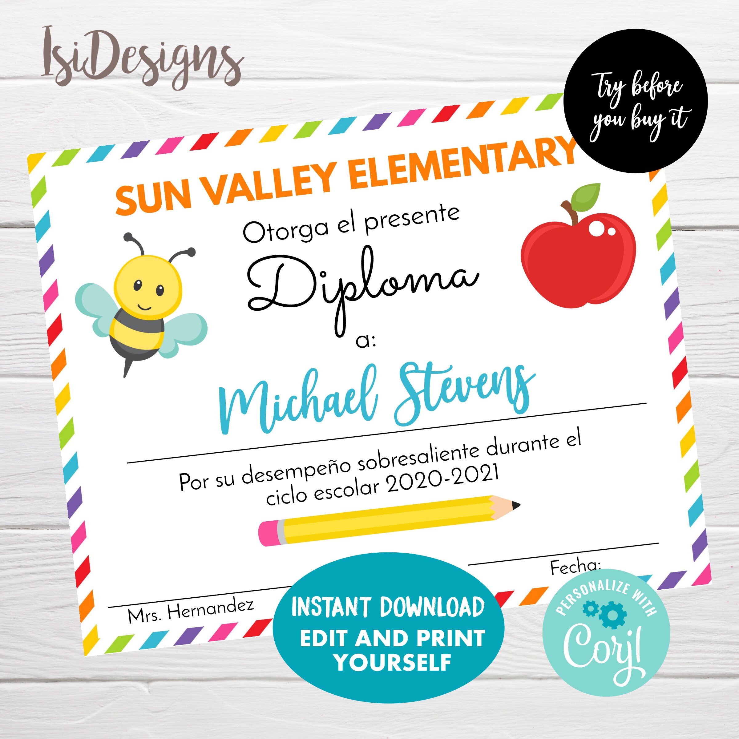 Editable Spanish Certificate, Instant Download, Diploma for graduation, Elementary Kindergarten, Achievement Template