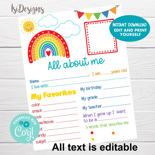 Editable All About Me Template, Last day of School Memory Book, First Day of School Interview, First Day of School Questionnaire, Download