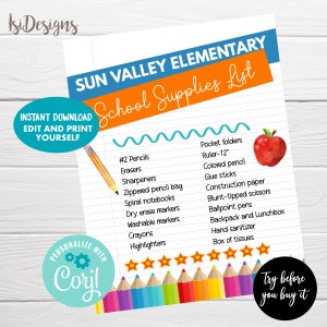 Puede incluir: Una lista de útiles escolares imprimible para la escuela primaria Sun Valley. La lista incluye artículos como lápices, borradores, sacapuntas, una bolsa de lápices con cremallera, cuadernos en espiral, marcadores de borrado en seco, marcadores lavables, crayones, resaltadores, carpetas con bolsillos, una regla, lápices de colores, pegamento en barra, papel de construcción, tijeras de punta roma, bolígrafos, una mochila y una lonchera, desinfectante para manos y una caja de pañuelos. La lista está decorada con una manzana roja, una línea ondulada azul y una calificación de estrellas azules.