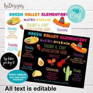 Nacho Gemiddelde Leraar Waardering Week Bewerkbare Flyer, Instant Download, Mexicaanse Fiesta Thema Waardering Week Schema Evenementen Sjabloon