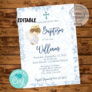 May include: Blue and white baptism invitation with a watercolor illustration of an angel. The invitation includes the text "Please join us for the Baptism of our son William" and details for the event.