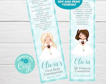 First Communion Bookmark, Editable Bookmark Confirmation 1st Communion Favor Personalized Keepsake, Download, Recuerdos Primera Comunion