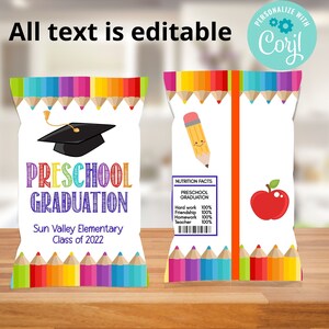 Modèle de sac de chips de graduation modifiable, sac de collation modifiable PTO/PTA, dernier jour d’école, sac de friandises, faveur de la maternelle préscolaire, télécharger