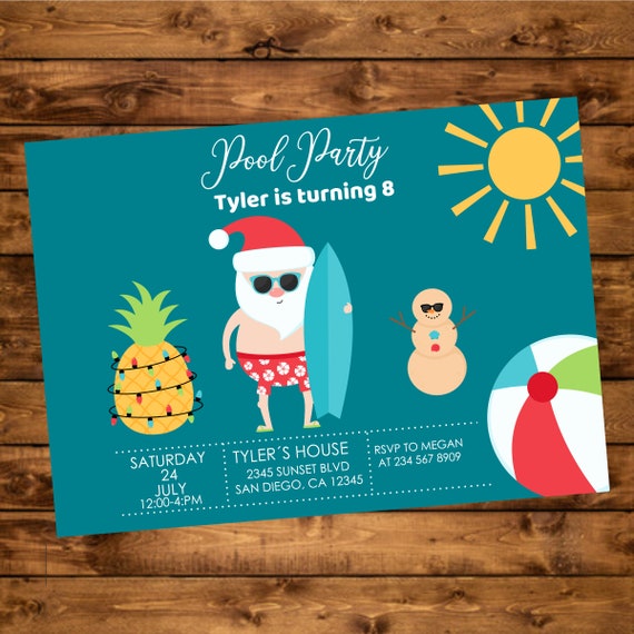 Christmas in Summer Pool Party Invitation, Printable Summer Party Invite, Santa Pool Party Invitation Il_570xn