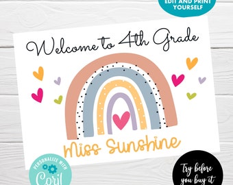 Editable Teacher Postcard to Students, Boho Rainbow Welcome Back to School Post card, Happy Mail for Students