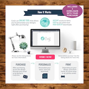 May include: How to personalize your designs with Corjl. A graphic shows a computer screen with the Corjl logo and a text box that says "Personalize with Corjl". The graphic also shows a laptop, a lamp, and a succulent plant. The text "Corjl is an ONLINE TOOL that allows you to personalize your designs right after purchasing!" is also included in the graphic.