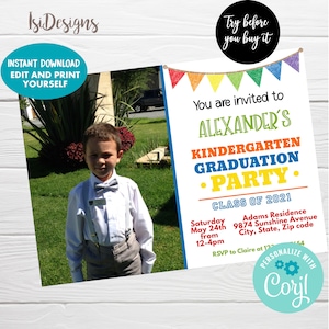 Kindergarten Graduation Invitation, Instant Download, Editable Photo Invitation, Preschool Graduation Printable Invite