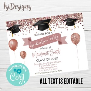 Rose Gold Graduation Party Invitation, Editable High School Graduation Invite, College Graduation Invitation Announcement, Digital Download