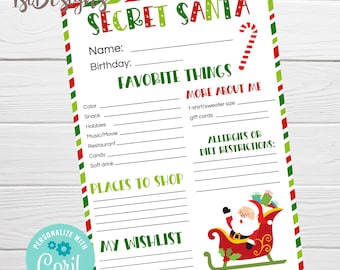 Op de afbeelding: Een Secret Santa invulformulier met een feestelijk ontwerp. De bovenkant van het formulier leest "Secret Santa" in groene en rode letters. Het formulier bevat secties voor naam, verjaardag, favoriete dingen en een verlanglijstje. Een zuurstok en de kerstman in een slee zijn ook aanwezig.