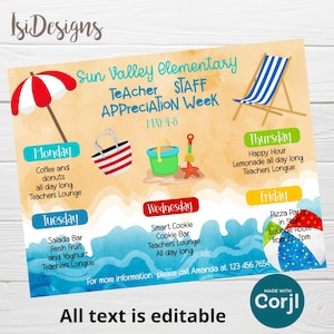 Beach Teacher Appreciation Week Calendar, Appreciation Sun-sational Schedule Events Flyer, Editable Itinerary Poster Appreciation Activities