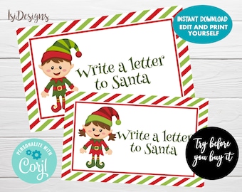 Puede incluir: Dos tarjetas navideñas imprimibles con ilustraciones de elfos. Las tarjetas tienen un fondo blanco con bordes a rayas rojas y verdes. El texto "Write a letter to Santa" se muestra en cada tarjeta. Una tarjeta tiene un círculo azul con el texto "Descarga instantánea, edita e imprime tú mismo".