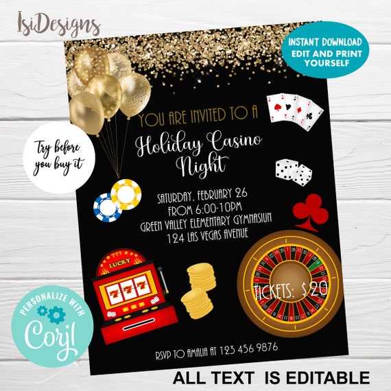 Holiday Casino Night Editable Flyer, New Year School Event Invitation, PTO PTA Church Community Fundraiser Poster, Instant Download Il_570xn