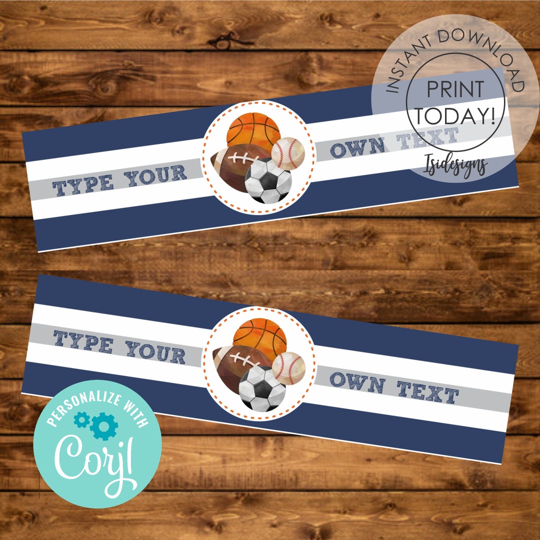 Sports Water Bottle Label, Editable All Star Labels Template, Instant Download, Baby Shower