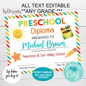 Bearbeitbares Schuldiplom, Vorschulabschluss, Kindergartenzertifikat, Schulleistung, Sofortiger Download, Abschlussfeier