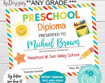 Editable School Diploma, Preschool Graduation, Kindergarten Certificate, School Achievement, Instant Download, Graduation Ceremony