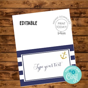 Editable Nautical Place Cards, Instant Download, Nautical Navy and Gold Decoration