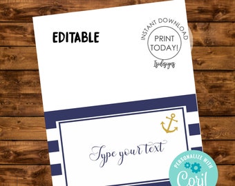 Könnte beinhalten: Editierbare, druckbare Platzkarte mit einem blau-weiß gestreiften Rand. Die Karte zeigt einen goldenen Anker und den Text "Type your text".