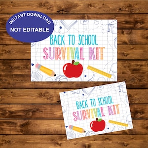 Survival Kit Back to School Tags, Teacher Gift, Instant Download, PTO PTA First Day of School Gift Tag, Teachers Favor Tags