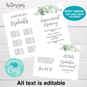 May include: Printable graduation announcement template featuring a watercolour floral design. The text reads "Class of 2021 Graduates" and "Commencement Ceremony". The template provides space to type in student names, the date, and other details.