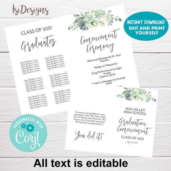 Graduation Editable Program, Editable High School Graduation, Commencement College Graduation, Order of Events Template, Instant Download