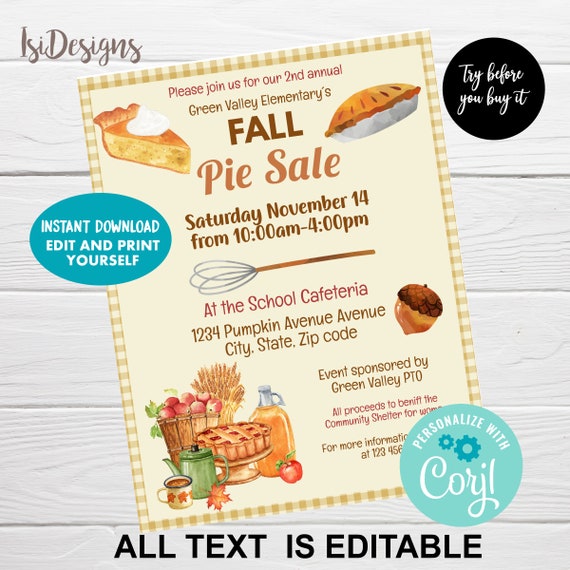 Pie Sale Fundraiser Event Editable Flyer, Instant Download, Fall Bake