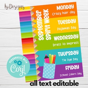 September Spirit Week Editable Planner, Back to School Week Schedule, August Daily Weekly Calendar Flyer, Template for PTO PTA, Download