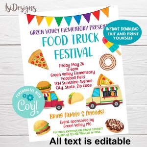 Puede incluir: Un folleto colorido para un festival de camiones de comida en Green Valley Elementary. El folleto presenta una variedad de camiones de comida, incluyendo un camión de pizza, un camión de tacos y un camión de hamburguesas. El texto en el folleto dice "Green Valley Elementary Presents Food Truck Festival" e incluye la fecha, la hora y la ubicación del evento. El folleto también incluye el texto "Bring family & friends!" y "Event sponsored by Green Valley PTO".