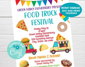 Food Truck Festival Editable Flyer, Fundraiser Food Festival Invitation, PTO/PTA School Church Fundraiser Poster, Instant Download