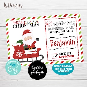 Puede incluir: Un imprimible navideño festivo con Papá Noel en un trineo rojo, el texto "Merry Christmas" y "North Pole Reindeer Mail" dirigido a Benjamin. Incluye una casilla de verificación "Nice List Approved".