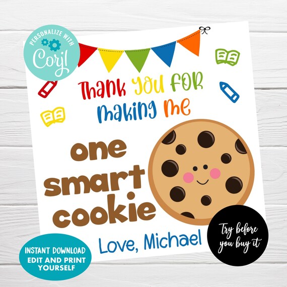 Editable Teacher Appreciation Tag, Instant Download, Printable Smart Cookie, PTO PTA Appreciation Gift Tags Il_570xn