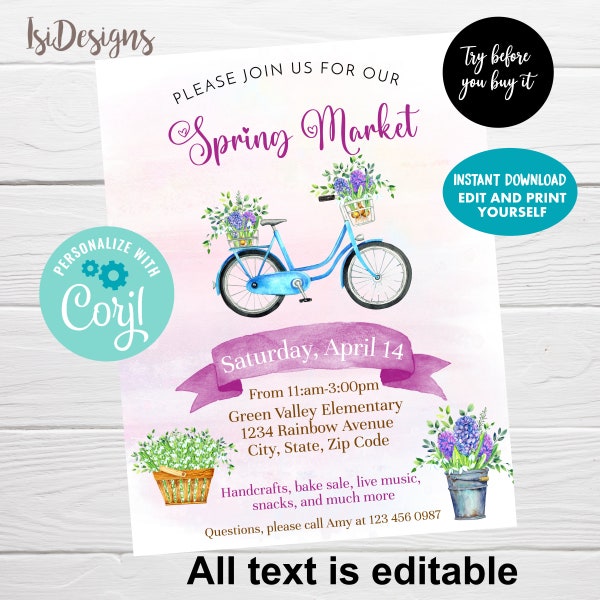 Spring Market Editable Flyer, Instant Download, Fundraiser Event Poster, Printable PTA PTO, Spring Fling Flye