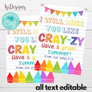 Summer Break Gift Tag, bewerkbare einde van het schooljaar Tags, Instant Download, Preschool Miss You Like Cray-zy Gift Tag, kleurpotloden klasgenoot Tags