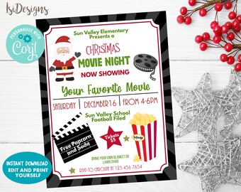 May include: A Christmas Movie Night invitation with a Santa Claus illustration, film reel, and popcorn graphics. The invitation includes the text "Your Favorite Movie" and event details for Saturday, December 16, from 4-6 PM.