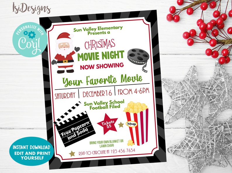 May include: A Christmas Movie Night invitation with a Santa Claus illustration, film reel, and popcorn graphics. The invitation includes the text "Your Favorite Movie" and event details for Saturday, December 16, from 4-6 PM.