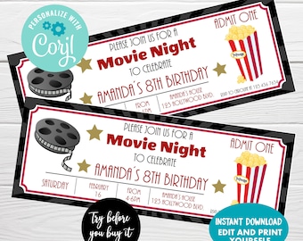 Movie Night Ticket Birthday Invitation, Editable, Instant Download, Movie Ticket Birthday Invitation