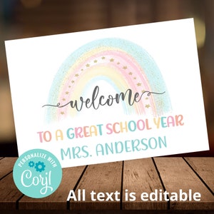 Cartões postais de boas-vindas para alunos, nota editável do professor, correspondência feliz de volta às aulas do professor, cartão postal Boho Rainbow, download instantâneo