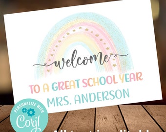Welcome Back Teacher Postcard for Students, Editable Note From Teacher, Happy Mail for Students, Rainbow Welcome to Class Postcard, Download