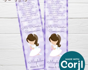 Editable Communion Prayer Bookmark, Lavender First Holy Communion Printable Favors, Instant Download, Recuerdos Tarjetas Comunión