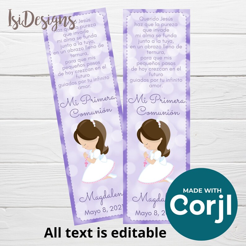 May include: Two purple bookmarks with a white background and white polka dots. Each bookmark features a cartoon girl in a white dress and a crown, praying with her hands clasped. The text on the bookmarks reads "Mi Primera Comuni&oacute;n" and "Magdalen Mayo 8, 2021" and "Magda Mayo 8, 2021". The bottom of the bookmarks reads "Made with Corjl" and "All text is editable".
