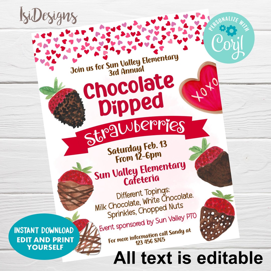 Valentine Chocolate Covered Strawberries Fundraiser Flyer Editable Fundraiser Event Template