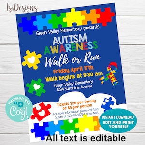 Autism Awareness Walk or Run Fundraiser Event Flyer, PTO/ PTA School Community Fundraising Event, Health Kids Benefit Family Day Poster