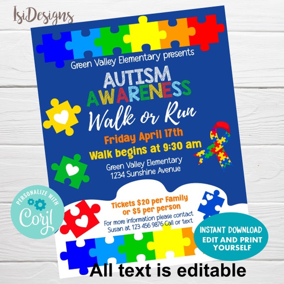 Autism Awareness Walk or Run Fundraiser Event Flyer, PTO/ PTA School Community Fundraising Event
