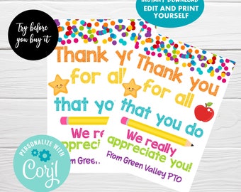May include: Printable thank you card for teachers with a colourful confetti background. The card says "Thank you for all that you do" and "We really appreciate you!" with a star, apple, and pencil graphic. The text is editable.