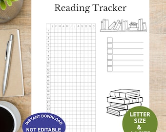 Pode incluir: Um rastreador de leitura branco imprimível com uma grade para rastrear livros lidos. O design inclui ilustrações de livros empilhados, uma estante e o texto "Reading Tracker". Disponível nos tamanhos Carta e A4.