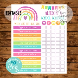 Puede incluir: Un horario escolar imprimible con temática de arcoíris con un corazón en la parte superior. El horario es para la semana del 1 al 5 de agosto. Incluye los días de la semana, de lunes a viernes, y espacio para escribir actividades o tareas. El texto "Allison School Schedule" está en la parte superior de la página.