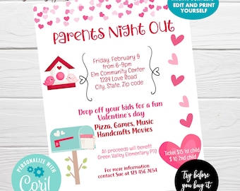 EDITABLE Parents Night Out Flyer, February PTA / PTO Fundraiser Event, Valentine's Day Fundraiser Flyer Template, Instant Download